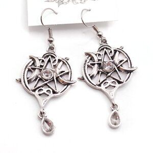Handmade Pave Triple Moon Goddess Pentagram Wiccan Drop Dangle Earrings, New